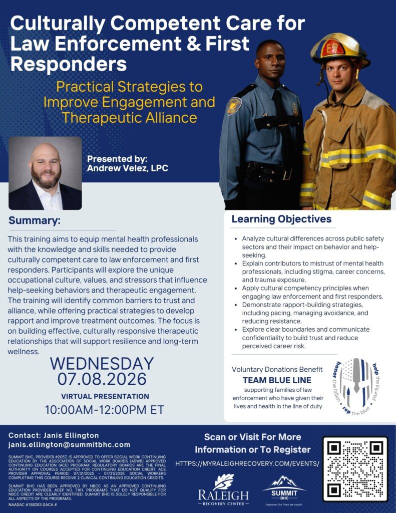 Flyer for a virtual presentation titled “Culturally Competent Care for Law Enforcement & First Responders,” with event details, summary, learning objectives, contact info, and images of a police officer and a first responder.