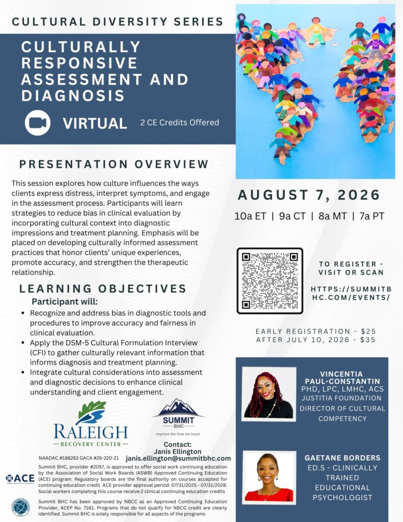 Flyer for a virtual event titled Culturally Responsive Assessment and Diagnosis on August 7, 2026, at 10a ET, offering 2 CE credits. Features an overhead photo of diverse hands forming a circle and event details with speaker bios.