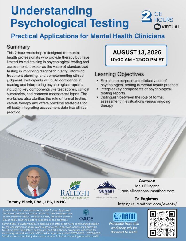 Flyer for a virtual workshop titled Understanding Psychological Testing, for mental health clinicians, on August 13, 2026, 10 AM–12 PM. Includes summary, objectives, contact info, and a photo of presenter Tommy Black