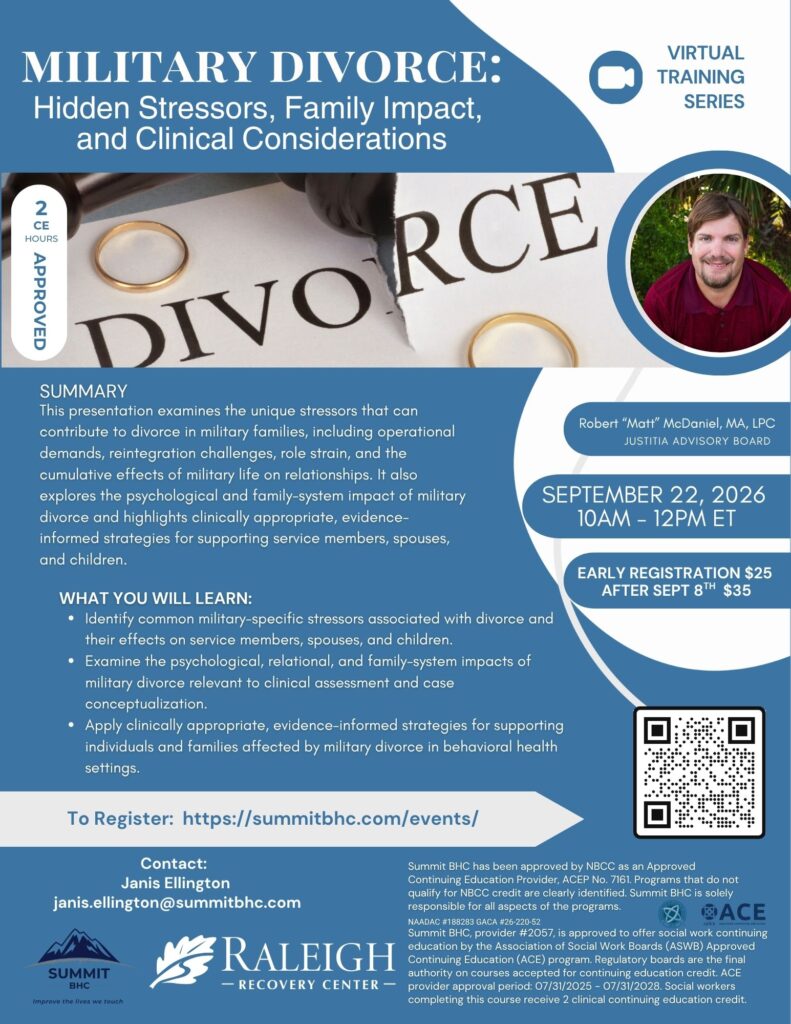 Flyer for a virtual training on military divorce featuring a gavel, rings, and text about stressors, family impact, clinical considerations, event date September 22, 2026, and Raleigh Counseling Center contact details.