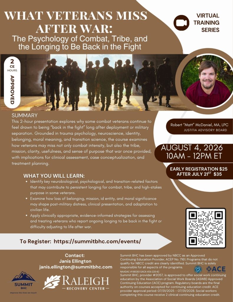 Flyer for a virtual training on “What Veterans Miss After War: The Psychology of Combat, Tribe, and the Longing to Be Back in the Fight,” August 4, 2026, with details, key takeaways, and a photo of a bearded man.